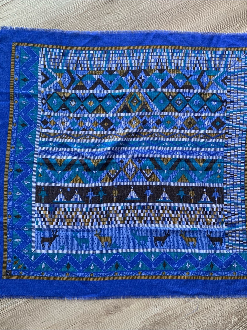 100% Wool Blue Geometric Aztec Print Scarf